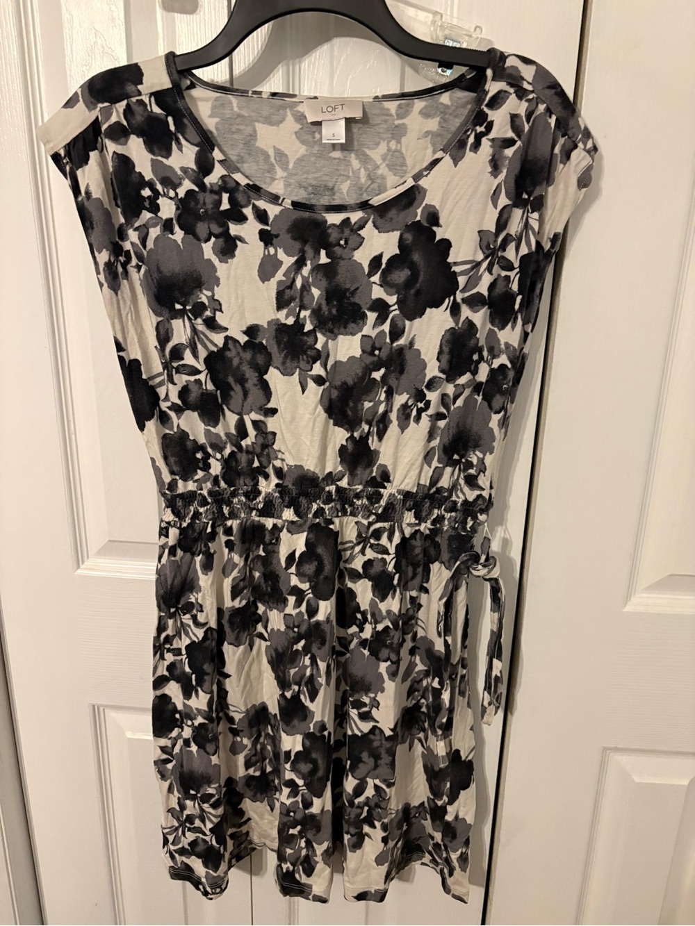 LOFT Black & White Floral Smocked-Waist Mini Dress